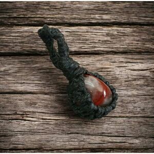 Macrame Bloodstone Crystal Pendant, Polished Gemstone Jewelry 1.5"